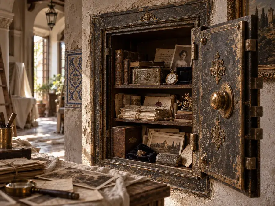 Caja fuerte antigua abierta con documentos y fotografías en su interior